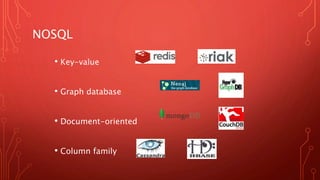 NOSQL
• Key-value
• Graph database
• Document-oriented
• Column family
 