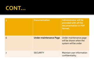 5 Documentation Administrator will be
provided with all the
documentation in PDF
format.
6 Under-maintenance Page Under maintenance page
will be shown when the
system will be under
7 SECURITY Maintain user information
confidentiality.
 