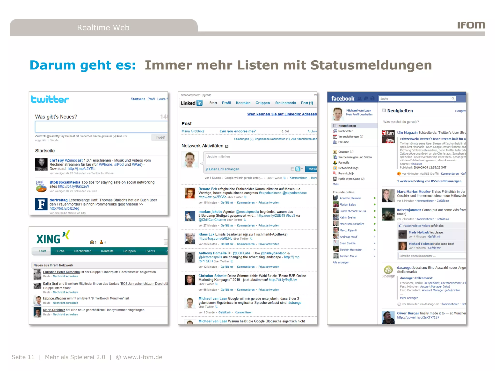 Realtime Web




     Darum geht es: Immer mehr Listen mit Statusmeldungen




Seite 11 | Mehr als Spielerei 2.0 | © www.i-fom.de
 