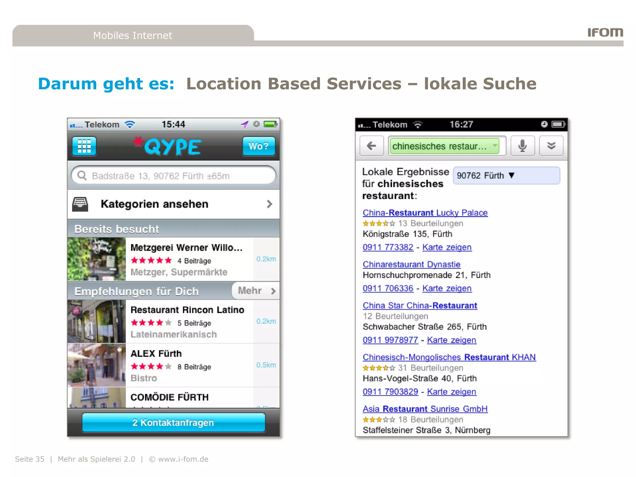 Mobiles Internet




     Darum geht es: Location Based Services – lokale Suche




Seite 35 | Mehr als Spielerei 2.0 | © www.i-fom.de
 