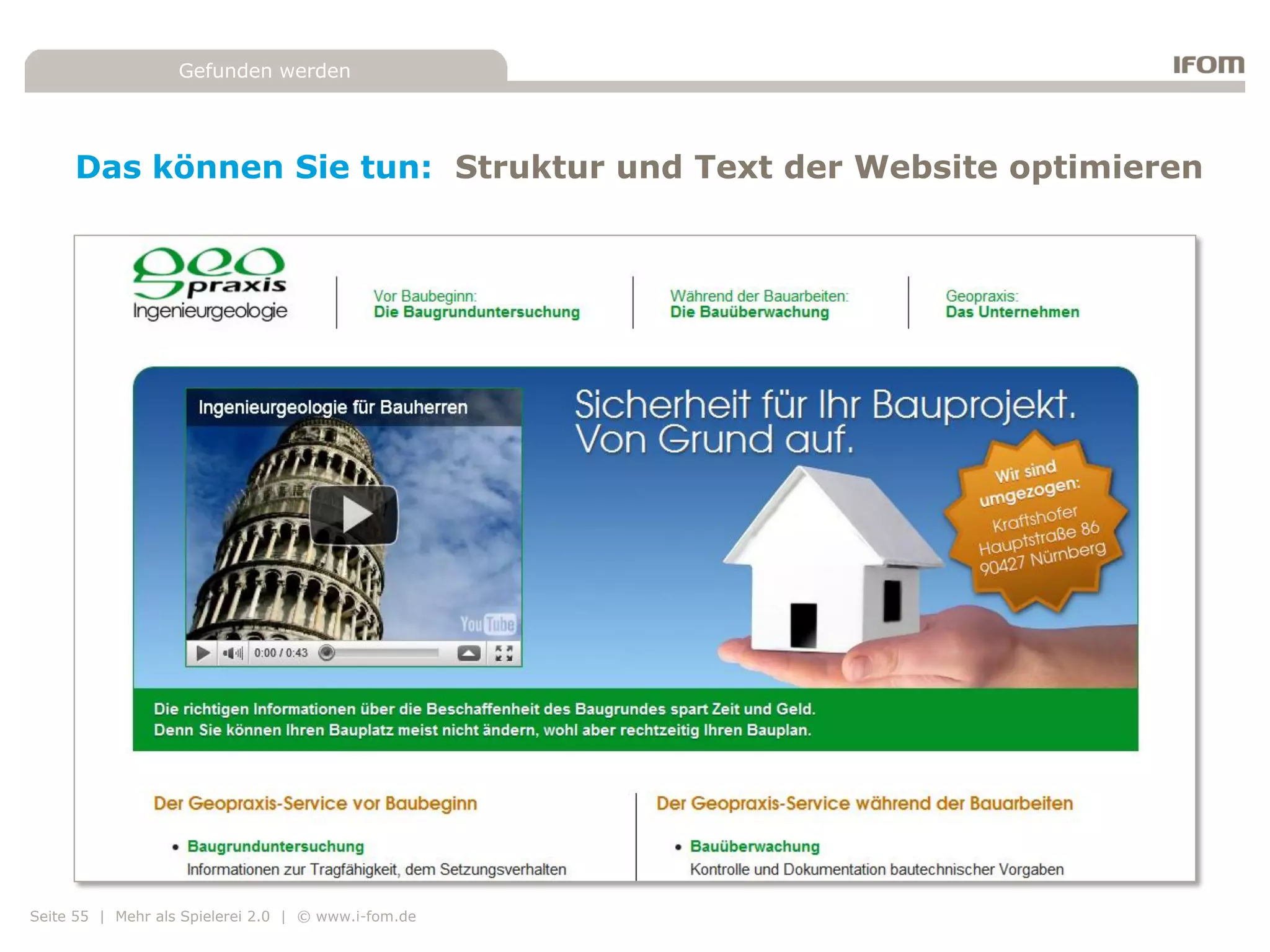 Gefunden werden




     Das können Sie tun: Struktur und Text der Website optimieren




Seite 55 | Mehr als Spielerei 2.0 | © www.i-fom.de
 