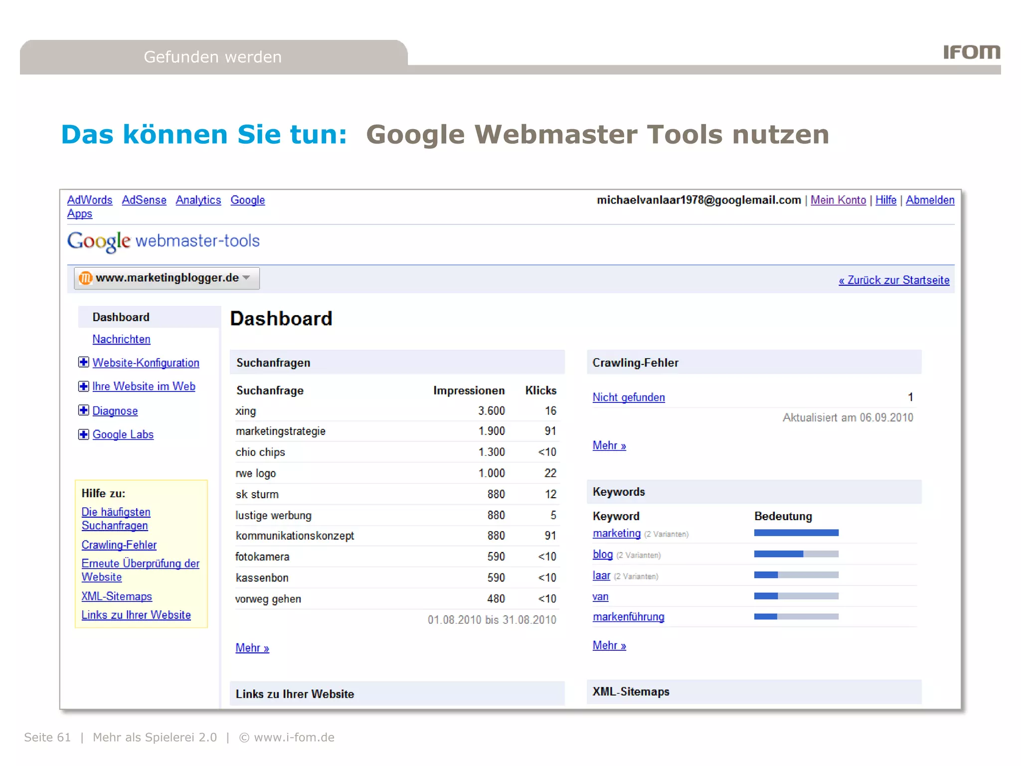 Gefunden werden




     Das können Sie tun: Google Webmaster Tools nutzen




Seite 61 | Mehr als Spielerei 2.0 | © www.i-fom.de
 