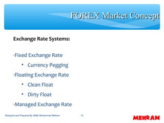 10
Exchange Rate Systems:
-Fixed Exchange Rate
• Currency Pegging
-Floating Exchange Rate
• Clean Float
• Dirty Float
-Managed Exchange Rate
FOREX Market ConceptFOREX Market Concept
Designed and Prepared By: Malik Muhammad Mehran
 