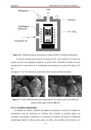 Chapitre I Généralités sur le Carbure de Silicium
13
Figure I.6. Schéma du réacteur permettant la synthèse du SiC à l‟échelle du laboratoire.
La réaction procède par formation de germes de SiC sur la totalité de la surface du
carbone, puis par une propagation rapide de ces germes dans l‟ensemble du solide avec pour
conséquence, la conservation de la morphologie macroscopique du carbone de départ [14,
20].
Les figures 7.A et 7.B montrent la conservation de la structure carbonée de départ.
Figure I.7. Clichés MEB du précurseur carboné (A) (ici du charbon actif) et du carbure de
silicium obtenu après synthèse (B) [14].
I.5.1.2. Synthèse industrielle :
La méthode de synthèse originelle développée au laboratoire a ensuite été modifiée en
collaboration avec les chercheurs de Pechiney afin d‟obtenir un procédé adapté aux
contraintes économiques, industrielles et de produire du carbure de silicium de différentes
morphologies (figure 8), telles que des grains, des billes, des extrudés ou des mousses. Les
 
