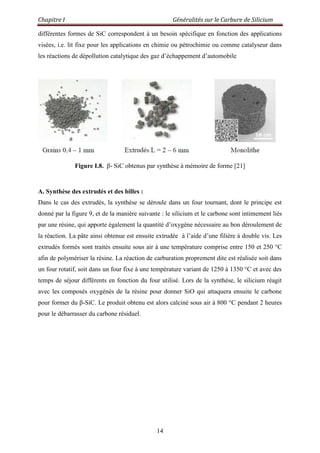 Chapitre I Généralités sur le Carbure de Silicium
14
différentes formes de SiC correspondent à un besoin spécifique en fonction des applications
visées, i.e. lit fixe pour les applications en chimie ou pétrochimie ou comme catalyseur dans
les réactions de dépollution catalytique des gaz d‟échappement d‟automobile
Figure I.8. β- SiC obtenus par synthèse à mémoire de forme [21]
A. Synthèse des extrudés et des billes :
Dans le cas des extrudés, la synthèse se déroule dans un four tournant, dont le principe est
donné par la figure 9, et de la manière suivante : le silicium et le carbone sont intimement liés
par une résine, qui apporte également la quantité d‟oxygène nécessaire au bon déroulement de
la réaction. La pâte ainsi obtenue est ensuite extrudée à l‟aide d‟une filière à double vis. Les
extrudés formés sont traités ensuite sous air à une température comprise entre 150 et 250 °C
afin de polymériser la résine. La réaction de carburation proprement dite est réalisée soit dans
un four rotatif, soit dans un four fixe à une température variant de 1250 à 1350 °C et avec des
temps de séjour différents en fonction du four utilisé. Lors de la synthèse, le silicium réagit
avec les composés oxygénés de la résine pour donner SiO qui attaquera ensuite le carbone
pour former du β-SiC. Le produit obtenu est alors calciné sous air à 800 °C pendant 2 heures
pour le débarrasser du carbone résiduel.
 