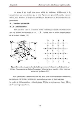 Chapitre II Matière première et techniques expérimentales
26
Au cours de ce travail, nous avons utilisé des techniques d‟élaboration et de
caractérisation que nous décrirons par la suite. Après avoir présenté la matière première
utilisée, nous décrirons les dispositifs et techniques d‟élaboration et de caractérisation des
produits finis
II.1. Matières premières :
II.1.1. Le Silicium Si :
Dans un cristal idéal de silicium les atomes sont arrangés selon la structure diamant
avec une distance inter-atomique de d = 2.35 Ǻ. La liaison entre les atomes les plus proches
est de caractère covalent [33].
Figure II.1. a) Structure cristalline du Si; b) représentation bidimensionnelle du cristal de
silicium. Chaque atome de silicium forme quatre liaisons avec ses premiers voisins et apporte
un électron par liaison. [34]
Pour synthétiser le carbure de silicium SiC, nous avons utilisé une poudre commerciale
de silicium de PROLABO (Si 99,99%) et une poudre de graphite de Riedel-de Haën.
La poudre de silicium de départ a été analysée par DRX et le spectrogramme (figure II.2) ne
révèle que les pics du silicium.
 