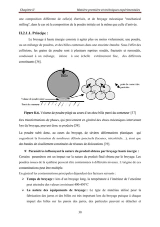 Chapitre II Matière première et techniques expérimentales
30
une composition différente de celle(s) d'arrivée, et de broyage mécanique "mechanical
milling", dans le cas où la composition de la poudre initiale est la même que celle d‟arrivée.
II.2.1.1. Principe :
Le broyage à haute énergie consiste à agiter plus ou moins violemment, une poudre,
ou un mélange de poudres, et des billes contenues dans une enceinte étanche. Sous l'effet des
collisions, les grains de poudre sont à plusieurs reprises soudés, fracturés et ressoudés,
conduisant à un mélange, intime à une échelle extrêmement fine, des différents
constituants [36].
Figure II.6. Volume de poudre piégé au cours d‟un choc bille-paroi du conteneur [37]
Des transformations de phases, qui proviennent en général des chocs mécaniques intervenant
lors du broyage, peuvent donc se produire [38].
La poudre subit donc, au cours du broyage, de sévères déformations plastiques qui
engendrent la formation de nombreux défauts ponctuels (lacunes, interstitiels…), ainsi que
des bandes de cisaillement constituées de réseaux de dislocations [39].
 Paramètres influençant la nature du produit obtenu par broyage haute énergie :
Certains paramètres ont un impact sur la nature du produit final obtenu par le broyage. Les
poudres issues de la synthèse peuvent être contaminées à différents niveaux. L‟origine de ces
contaminations peut être multiple.
En général les contaminations principales dépendent des facteurs suivants :
 Temps de broyage : lors d‟un broyage long, la température à l‟intérieur de l‟enceinte
peut atteindre des valeurs avoisinant 400-450°C
 La nature des équipements de broyage : Le type de matériau utilisé pour la
fabrication des jarres et des billes est très important lors du broyage puisque à chaque
impact des billes sur les parois des jarres, des particules peuvent se détacher et
 