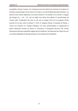 Chapitre II Matière première et techniques expérimentales
37
susceptibles d'ioniser l‟atome. Cet événement peut être détecté par émission d‟un photon X
d‟énergie caractéristique lors du retour de l‟atome à son état fondamental (désexcitation) : un
électron d‟une couche supérieure à la couche ionisée (n‟>n) retombe sur la couche n. Il gagne
une énergie ERX = En‟ - En qui est cédée sous forme d‟un photon X caractéristique de
l‟atome cible. L'indexation des raies se fait soit en énergie (eV) soit en longueur d'onde
associée (Å ou nm), selon la relation = hc/E, ( longueur d'onde, h constante de Planck, c
vitesse de la lumière et E énergie cinétique). Ces raies caractéristiques se superposent au
spectre d'émission continu de rayons X. L'émission X émergeante provient d'un volume
d'interaction électrons-échantillon appelé poire de diffusion. Sa dimension (de l'ordre du µm3
)
et sa forme dépendent de l'énergie primaire et de la densité de l'échantillon.
 