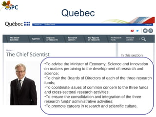 Quebec
•To advise the Minister of Economy, Science and Innovation
on matters pertaining to the development of research and
science;
•To chair the Boards of Directors of each of the three research
funds;
•To coordinate issues of common concern to the three funds
and cross-sectoral research activities;
•To ensure the consolidation and integration of the three
research funds’ administrative activities;
•To promote careers in research and scientific culture.
 