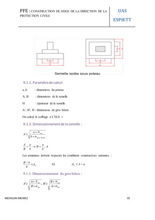 PFE : CONSTRUCTION DE SEIGE DE LA DIRECTION DE LA
PROTECTION CIVILE
UAS
ESPIETT
MEDIOUNI MEHREZ 95
9.1.1. Paramètrede calcul:
a, b : dimensions du poteau
A, B : dimensions de la semelle
H : épaisseur de la semelle
A’, B’, H : dimensions de gros béton
On calcul le coffrage a L’ELS :+
9.1.2. Dimensionnementde la semelle :
betongros
ser
b
Na
A



A
b
a
B
b
a
B
A
.
Les armatures doivent respecter les conditions constructives suivantes :
ad
bB


4
Et aAdh 
9.1.3. Dimensionnement du gros béton :
,'
ad
ser
B
NA
A



ad
ser
A
NB
B


'
 