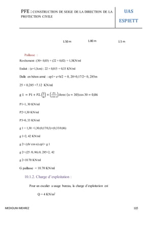 PFE : CONSTRUCTION DE SEIGE DE LA DIRECTION DE LA
PROTECTION CIVILE
UAS
ESPIETT
MEDIOUNI MEHREZ 105
Paillasse :
Revêtement : (30× 0,03) + (22 × 0,02) = 1,3KN/ml
Enduit : (e=1,5cm) : 22 × 0,015 = 0,33 KN/ml
Dalle en béton armé : ep1= e+h/2 = 0, 20+0,17/2= 0, 285m
25 × 0,285 =7.12 KN/ml
g 1 = P1 + P2. (
h
g
) + (
P3
cos α
)Avec (α = 30)cos 30 = 0,86
P1=1, 30 KN/ml
P2=1,30 KN/ml
P3=0, 33 KN/ml
g 1 = 1,30 +1,30.(0,17/0,3)+(0,33/0,86)
g 1=2, 42 KN/ml
g 2= (γb/ cos α).ep1+ g 1
g 2= (25 /0, 86).0, 285+2, 42
g 2=10.70 KN/ml
G paillasse = 10.70 KN/ml
10.1.2. Charge d’exploitation :
Pour un escalier a usage bureau, la charge d’exploitation est
Q = 4 KN/m2
1.50 m 1.80 m 1.5 m
 