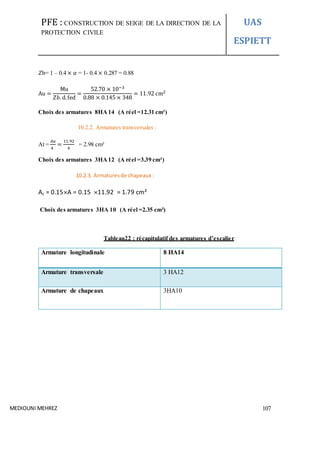 PFE : CONSTRUCTION DE SEIGE DE LA DIRECTION DE LA
PROTECTION CIVILE
UAS
ESPIETT
MEDIOUNI MEHREZ 107
𝑍b= 1 – 0.4 × 𝛼 = 1- 0.4 × 0.287 = 0.88
Au =
Mu
𝑍𝑏. d.fed
=
52.70 × 10−3
0.88 × 0.145 × 348
= 11.92 cm2
Choix des armatures 8HA14 (A réel =12.31 cm²)
10.2.2. Armatures transversales :
At =
𝐴𝑢
4
=
11.92
4
= 2.98 cm²
Choix des armatures 3HA12 (A réel =3.39 cm²)
10.2.3. Armaturesde chapeaux :
Ac = 0.15×A = 0.15 ×11.92 = 1.79 cm²
Choix des armatures 3HA 10 (A réel =2.35 cm²)
Tableau22 : récapitulatif des armatures d’escalier
Armature longitudinale 8 HA14
Armature transversale 3 HA12
Armature de chapeaux 3HA10
 