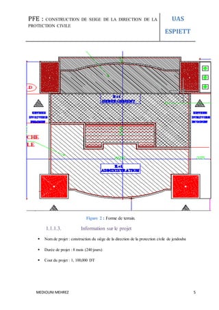 PFE : CONSTRUCTION DE SEIGE DE LA DIRECTION DE LA
PROTECTION CIVILE
UAS
ESPIETT
MEDIOUNI MEHREZ 5
Figure 2 : Forme de terrain.
1.1.1.3. Information sur le projet
 Nom de projet : construction du siège de la direction de la protection civile de jendouba
 Durée de projet : 8 mois (240 jours)
 Cout du projet : 1, 100,000 DT
 