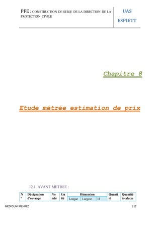 PFE : CONSTRUCTION DE SEIGE DE LA DIRECTION DE LA
PROTECTION CIVILE
UAS
ESPIETT
MEDIOUNI MEHREZ 117
Chapitre 8
Etude métrée estimation de prix
12.1. AVANT METREE :
N
°
Désignation
d’ouvrage
No
mbr
Un
ité
Dimension Quanti
té
Quantité
totale(mLongue Largeur H
 