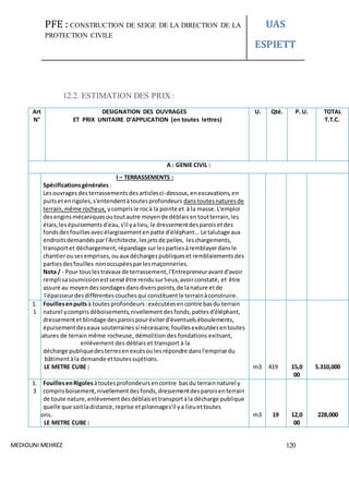 PFE : CONSTRUCTION DE SEIGE DE LA DIRECTION DE LA
PROTECTION CIVILE
UAS
ESPIETT
MEDIOUNI MEHREZ 120
12.2. ESTIMATION DES PRIX :
Art
N°
DESIGNATION DES OUVRAGES
ET PRIX UNITAIRE D’APPLICATION (en toutes lettres)
U. Qté. P. U. TOTAL
T.T.C.
A : GENIE CIVIL :
I – TERRASSEMENTS :
Spécificationsgénérales :
Lesouvragesdesterrassementsdesarticlesci-dessous,enexcavations,en
puitsetenrigoles,s'entendentàtoutesprofondeurs danstoutesnaturesde
terrain,même rocheux, ycomprisle rocà la pointe et à la masse. L'emploi
desenginsmécaniquesoutoutautre moyende déblaisentoutterrain,les
étais,lesépuisementsd'eau,s'il yalieu,le dressementdesparoisetdes
fondsdesfouillesavecélargissementenpatte d'éléphant... Le talutage aux
endroitsdemandésparl'Architecte,lesjetsde pelles, leschargements,
transportet déchargement,répandage surlespartiesàremblayerdansle
chantierousesemprises,ouaux déchargespubliqueset remblaiementsdes
partiesdesfouilles nonoccupéesparlesmaçonneries.
Nota / - Pour touslestravaux de terrassement,l'Entrepreneuravantd'avoir
rempli sasoumissionestsensé être rendusurlieux,avoirconstaté, et être
assuré au moyendessondagesdansdiverspoints,de lanature etde
l'épaisseurdesdifférentescouchesqui constituentle terrainàconstruire.
1.
1
Fouillesenpuits à toutesprofondeurs:exécutéesencontre basdu terrain
naturel ycomprisdéboisements,nivellementdesfonds,pattesd'éléphant,
dressementetblindage desparoispouréviterd'éventuelséboulements,
épuisementdeseaux souterrainessi nécessaire,fouillesexécutéesentoutes
natures de terrain même rocheuse, démolition des fondations exitsant,
enlèvement des déblais et transport à la
décharge publiquedesterresenexcèsoulesrépondre dansl'emprise du
bâtimentàla demande ettoutessujétions.
LE METRE CUBE : m3 419 15,0
00
5.310,000
1.
3
FouillesenRigoles àtoutesprofondeursencontre basdu terrainnaturel y
comprisboisement,nivellementdesfonds,dressementdesparoisenterrain
de toute nature,enlèvementdesdéblaisettransportàla décharge publique
quelle que soitladistance,reprise etpilonnages'il ya lieuettoutes
sujétions.
LE METRE CUBE :
m3 19 12,0
00
228,000
 