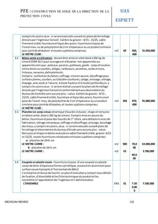 PFE : CONSTRUCTION DE SEIGE DE LA DIRECTION DE LA
PROTECTION CIVILE
UAS
ESPIETT
MEDIOUNI MEHREZ 124
comprislesaciersceux - ci serontexécutéssuivantlesplansde ferraillage
dressésparl’IngénieurConseil .Calibre dugravier :4/15 ; 15/25, sable
finementcriblé,fournitureetfaçondesaciers.Fourniture etpose de
l'isorel mou oude polystyrène de 2cm d'épaisseurouunproduitsimilaire
pour jointde dilatation ettoutessujétionscomprises.
LE METRE CUBE :
m3 69 450,
000
31.050,000
3.2 Béton armé enélévation : devantêtre armé et vibré dosé à350 kg de
cimentCEMI 42,5 pour ouvragesenélévation nonapparentesou
apparentestelsque :poteaux,poutres,paillasses,garde - corpsd’escalier,
voilesdroitsoucourbes,allèges,raidisseurs,acrotères,voilesminces,
linteaux,nervures,dallepleineetc.
Compris: confectiondubéton,coffrage,miseenœuvre,décoffragepour
surfacesplanes,courbes,ouàdouble courbures,calage,arrosage,vibrage,
étayage,avecaccèsà l’œuvre,àtoute hauteuretà toutesprofondeurs,y
comprislesaciersceux - ci serontréaliséssuivantlesplansde ferraillage
dressésparl’IngénieurConseil etconformémentaux observationsdu
Bureaude Contrôle sansaucune plus - value.Calibre dugravier:4/15 ;
15/25, sable finementcriblé,fourniture etfaçondesaciers,fournitureet
pose de l'isorel mou,de polystyrène de 2cm d’épaisseurouunproduit
similaire pourjointde dilatation,et toutessujétionscomprises.
LE METRE CUBE :
m3 204 470,
000
95.880,000
3.3 Plancheren corps creux céramique (hourdisincluses) :chape etnervures
enbétonarmé,dosé à 350 kg de ciment.Comprismise enœuvre du
béton,fourniture etpose deshourdisde 1er
choix,sansdéfautsni vicesde
fabrication,vibrage mécanique,coffrage etdécoffrage,arrosage,bouchage
destrous,y comprislesaciers,ceux - ci serontexécutéssuivantplansde
ferraillage etobservationsdubureaud'étude sansaucune plus - value.
Nervuresetchape enbétonexécuté ensable finementcriblé,gravier:4/15
et 15/25, toutesfournituresnécessairesettoutessujétionscomprises:
a- plancherde 19+6 cm
LE METRE CARRE :
6- plancherde 16+5 cm
LE METRE CARRE :
m2
m2
900
63
70,0
00
60,0
00
63.000,000
3.780,000
3.4 Coupole enplastie voute : fourniture etpose d’une coupole enplastie
voute de 6mm d’épaisseurforme cylindrique,ossatureenaluminium pour
surface couvertprojeté àl’horizontalede 60m2.
L’entreprise ettenue de fournir unpland’exécutionycompris tousdétails
de fixation,d’étanchéité etlesfichetechniquesduproduitetles
soumettre àl’approbationde l’ingénieuretl’administration
L’ENSEMBLE ENS 01 7.50
0,00
0
7.500,000
 