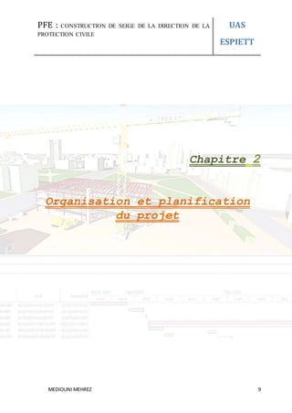 PFE : CONSTRUCTION DE SEIGE DE LA DIRECTION DE LA
PROTECTION CIVILE
UAS
ESPIETT
MEDIOUNI MEHREZ 9
Chapitre 2
Organisation et planification
du projet
 