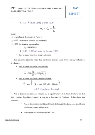 PFE : CONSTRUCTION DE SEIGE DE LA DIRECTION DE
LA PROTECTION CIVILE
UAS
ESPIETT
MEDIOUNI MEHREZ 25
4.1.1.9. À l’État Limite Ultime (ELU)
e
s ed
s
f
σ = f =
γ
Avec :
s Le coefficient de sécurité de l’acier :
1,15s  En situations durables ou transitoires.
1,00b  En situations accidentelles.
sσ = 347.82MPa
4.1.1.10. À l’État Limite de Service (ELS)
 Dans le cas de fissuration peu préjudiciable
Dans ce cas les éléments situés dans des locaux couverts donc il n’y a pas de vérification
à effectuer.
 Dans le cas de fissuration préjudiciable
s e t28
2
σ = Min f ;110 ηf
3
 
 
 
 Dans le cas de fissuration très préjudiciable
s = min
1
2
fe ; max [200 MPa ; 90√η ftj]
4.1.2. Hypothèses de calcul
Pour le dimensionnement des éléments de la superstructure et de l’infrastructure, on doit
fixer certaines hypothèses à savoir, le type de la fissuration et l’épaisseur de l’enrobage des
armatures.
 Pour le dimensionnement des éléments de la superstructure, nous considérons
Une fissuration peu préjudiciable.
 Un enrobage des armatures égal à 2,5 cm.
 