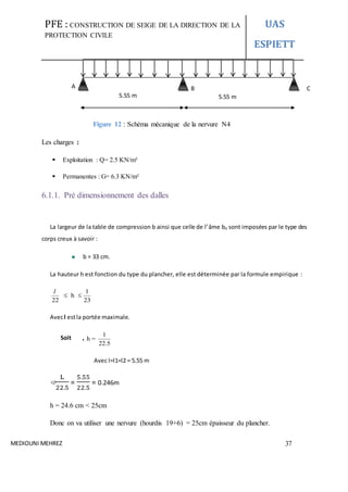 PFE : CONSTRUCTION DE SEIGE DE LA DIRECTION DE LA
PROTECTION CIVILE
UAS
ESPIETT
MEDIOUNI MEHREZ 37
Figure 12 : Schéma mécanique de la nervure N4
Les charges :
 Exploitation : Q= 2.5 KN/m²
 Permanentes : G= 6.3 KN/m²
6.1.1. Pré dimensionnement des dalles
La largeur de la table de compression b ainsi que celle de l’âme b0 sont imposées par le type des
corps creux à savoir :
b = 33 cm.
La hauteur h est fonction du type du plancher, elle est déterminée par la formule empirique :
l
h
22 23
l
 
Avecl estla portée maximale.
Soit , l
h =
22.5
Avec l=l1=l2 = 5.55 m

L
22.5
=
5.55
22.5
= 0.246m
h = 24.6 cm < 25cm
Donc on va utiliser une nervure (hourdis 19+6) = 25cm épaisseur du plancher.
5.55 m 5.55 m
A B C
 