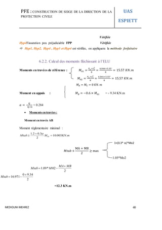 PFE : CONSTRUCTION DE SEIGE DE LA DIRECTION DE LA
PROTECTION CIVILE
UAS
ESPIETT
MEDIOUNI MEHREZ 40
Vérifiée
Hyp4Fissuration peu préjudiciable FPP Vérifiée
 Hyp1, Hyp2, Hyp4 , Hyp3 et Hyp4 est vérifiée, on appliquera la méthode forfaitaire
6.2.2. Calcul des moments fléchissant à l’ELU
Moments en travées de référence : 𝑀01 =
𝑃 𝑢 ×𝐿1
2
8
=
4.044×5.55²
8
= 15.57 𝐾𝑁. 𝑚
𝑀02 =
𝑃 𝑢×𝐿1
2
8
=
4.044×5.55²
8
= 15.57 𝐾𝑁. 𝑚
𝑀𝐴 = 𝑀 𝐶 = 0 𝐾𝑁. 𝑚
Moment en appuis : 𝑀 𝐵 = −0.6 × 𝑀01 = - 9.34 KN.m
𝛼 =
Q
Q+G
= 0.284
 Moments en travées :
Moment en travée AB
Moment réglementaire minimal :
mKNMMtab .005.10
2
3.02.1
01 



1+(0.3* α)*Mo2
𝑀𝑡𝑎𝑏 +
MA + MB
2
≥ max
1.05*Mo2
=12.3 KN.m
2
02*09.1
MBMA
MMtab


2
34.90
971.16

Mtab
 