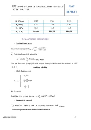 PFE : CONSTRUCTION DE SEIGE DE LA DIRECTION DE LA
PROTECTION CIVILE
UAS
ESPIETT
MEDIOUNI MEHREZ 47
Ms (KN .m) 9.515 6.706 9.515
𝝈 𝒃𝒄(MPa) 4.32 3.04 4.32
𝝈̅ 𝒃𝒄 (MPa) 13.2 13.2 13.2
𝝈 𝒃𝒄 ≤ 𝝈̅ 𝒃𝒄 Vérifiée Vérifiée Vérifiée
6.3.2. Armatures transversales :
 Vérification du béton
La contrainte tangentielle
max
.
u
u
V
b d
  =
12.905.10−3
0.33×0.225
:Contrainte tengentielle admissibleu
)5,
5.1
2.0min( 28
MPa
fc
u  = 2.93 M Pa
Pour une fissuration peu préjudiciable et pour un angle d’inclinaison des armatures α = 90°.
uu   condition vérifiée
 Choix du diamètre Ф t
ØL =16
Øt =min
𝑏0
10
=
33
10
=7.14
ℎ
35
=
25
35
Soit Øt = 6 mm
Soit (étirer Ф6) en rond lisse At = 𝑛 ×
𝜋
4
× (Ø𝑡)² = 0.57 cm²
 Espacement maximal
tS ≤ Min (0.9d ; 40cm) ≤ Min (20,25; 40cm) =20.25 cm  tS =20 cm
Pourcentage minimal des armatures transversales
 