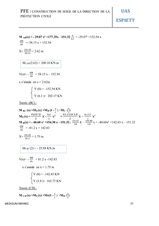 PFE : CONSTRUCTION DE SEIGE DE LA DIRECTION DE LA
PROTECTION CIVILE
UAS
ESPIETT
MEDIOUNI MEHREZ 57
M AB(x) = - 29.07 x² +177.35x -151.32
x
6.1
= -29.07² +152.54 x
dM
dx
=- 58.15 x + 152.54
X=
152.54
58.15
= 2.62 m
V(x)= -
dM
dx
= 58.15 x – 152.54
x s’annule en x = 2.62m
V (0) = –152.54 KN
V (6.1 )= 202.17 KN
Travée (BC) :
M BC (x) =M0 (x) +MB (1 -
x
𝐿
) +MC (
x
𝐿
)
M0 (x) =
𝑃u2𝑋 l2
2
x -
Pu2
2
x² =
81.213𝑋 3.8
2
x –
81.213
2
x²
M B(x) = - 40.60 x² +154.30 x -151.32+
151.32
3.8
X –
194 .88
3.8
x = -40.60x² +142.83 x – 151.32
dM
dx
= -81.2 x + 142.83
X=
142.83
81.2
= 1.75 m
V(x)= -
dM
dx
= 81.2 x -142.83
x s’annule en x = 1.75 m
V (0) = –142.83 KN
V (3.8 )= 165.73 KN
Travée (CD) :
M CD (x) =M0 (x) +Mc(1 -
x
𝐿
) +MD (
x
𝐿
)
Mt AB (2.62) = 200.10 KN.m
Mt BC (2) = - 25.88 KN.m
KN.m
 