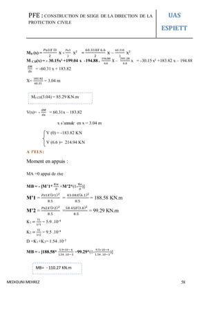 PFE : CONSTRUCTION DE SEIGE DE LA DIRECTION DE LA
PROTECTION CIVILE
UAS
ESPIETT
MEDIOUNI MEHREZ 58
M0 (x) =
𝑃u3𝑋 l3
2
x -
Pu3
2
x² =
60.318𝑋 6.6
2
x –
60.318
2
x²
M CD(x) = - 30.15x² +199.04 x -194.88+
194.88
6.6
X –
295 .28
6.6
x = -30.15 x² +183.82 x – 194.88
dM
dx
= -60.31 x + 183.82
X=
183.82
60.31
= 3.04 m
V(x)= -
dM
dx
= 60.31x – 183.82
x s’annule en x = 3.04 m
V (0) = -183.82 KN
V (6.6 )= 214.94 KN
A l’ELS :
Moment en appuis :
MA =0 appui de rive
MB = - [M’1*
Kw
𝐷
+M’2*(1-
Ke
𝐷
)]
M’1 =
𝑃𝑠1𝑋(l′1)2
8.5
=
43.08𝑋(6.1)2
8.5
= 188.58 KN.m
M’2 =
𝑃s2𝑋(l′2)2
8.5
=
58.45𝑋(3.8)2
8.5
= 99.29 KN.m
K1 =
I1
𝐿′1
= 5.9 .10-4
K2 =
I2
𝐿′2
= 9.5 .10-4
D =K1+K2= 1.54 .10-3
MB = - [188.58*
5.9∗10−4
1.54 .10−3
+99.29*(1-
9.5∗10−4
1.54 .10−3
)]
Mt CD(3.04) = 85.29 KN.m
KN.m
MB= - 110.27 KN.m
 