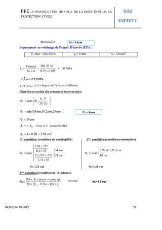 PFE : CONSTRUCTION DE SEIGE DE LA DIRECTION DE LA
PROTECTION CIVILE
UAS
ESPIETT
MEDIOUNI MEHREZ 79
Espacement au voisinage de l’appui D travée (CD) :
Vu max = 282.53KN  t= 8 mm At= 2.01cm2
 u=
dbo
Vu

max
=
615.035.0
1053.282 3


= 1.31 MPa
 Max=2.93MPa
 u   Max  La largeur de l’âme est suffisante
Diamètre et section des armatures transversales:







10
;
35
;min
bh
lt
 mmmmmmt 35;2.14;14min
t
AnAt  Avec n: 4 (cadre+étrillé)
1ère
condition: (condition de non fragilité) 2éme
condition:(condition constructive)
St1 min










3531.1
23501.22
354.0
23501.2



cm
cm
21
34
St2 min


 
cm
cmd
40
3.559.0
St1 21 cm St2 40 cm
3éme
condition:(condition de résistance)
St3 
su ftjKb
feAt




)3.0(0
)cos(sin9.0
St3<15 cm
St = 16cm
t = 8mm
2
01.250.04 cmAt 
mmt 14
 