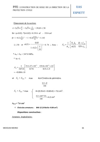 PFE : CONSTRUCTION DE SEIGE DE LA DIRECTION DE LA
PROTECTION CIVILE
UAS
ESPIETT
MEDIOUNI MEHREZ 88









b
cru
sc
sc
fBkN
A
 9.0)(
.
.
1 280
Elancement de la section:
𝜆 =2√3 ×
𝑙𝑓
𝑎
= 2√3 ×
3
0,35
= 29.69 < 50
Br= (a-0.02) *(b-0.02) =0.1914 m2
= 1914 cm²
β= 1 +0.2 (
𝜆
35
) 2 = 1 +0.2(
29.96
35
) 2 =1.143
λ ≤ 50  2
35
2.01
85.0
)(









 = 0. 74 ; Avec :
* σsc = fbu = 347.8 MPa.
* k0 = 1.
  minAAsc max 4cm²/mètre de périmètre.
100
2.0 B
 minAAsc max 4× (0.35×2 + 0.60×2) = 7.6 cm².
100
)35*60(2.0 
= 4.2 cm²
Amin= 7.6 cm2
 Choixdes armatures : 8HA 12 (A Réelle =9.04 cm²)
Dispositions constructives :
Armatures longitudinales:
0006.0
5.19.0
22101914
74.0
1027.511
.
8.347
1 43













scA
 