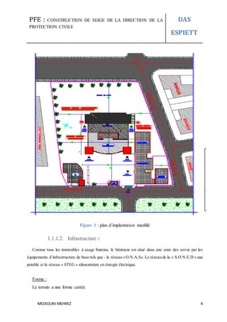 PFE : CONSTRUCTION DE SEIGE DE LA DIRECTION DE LA
PROTECTION CIVILE
UAS
ESPIETT
MEDIOUNI MEHREZ 4
Figure 1 : plan d’implan...