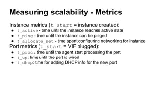Measuring scalability - Metrics 
Instance metrics (t_start = instance created): 
● t_active - time until the instance reaches active state 
● t_ping - time until the instance can be pinged 
● t_allocate_net - time spent configuring networking for instance 
Port metrics (t_start = VIF plugged): 
● t_proc: time until the agent start processing the port 
● t_up: time until the port is wired 
● t_dhcp: time for adding DHCP info for the new port 
 