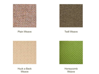 Plain Weave   Twill Weave




Huck a Back   Honeycomb
  Weave         Weave
 