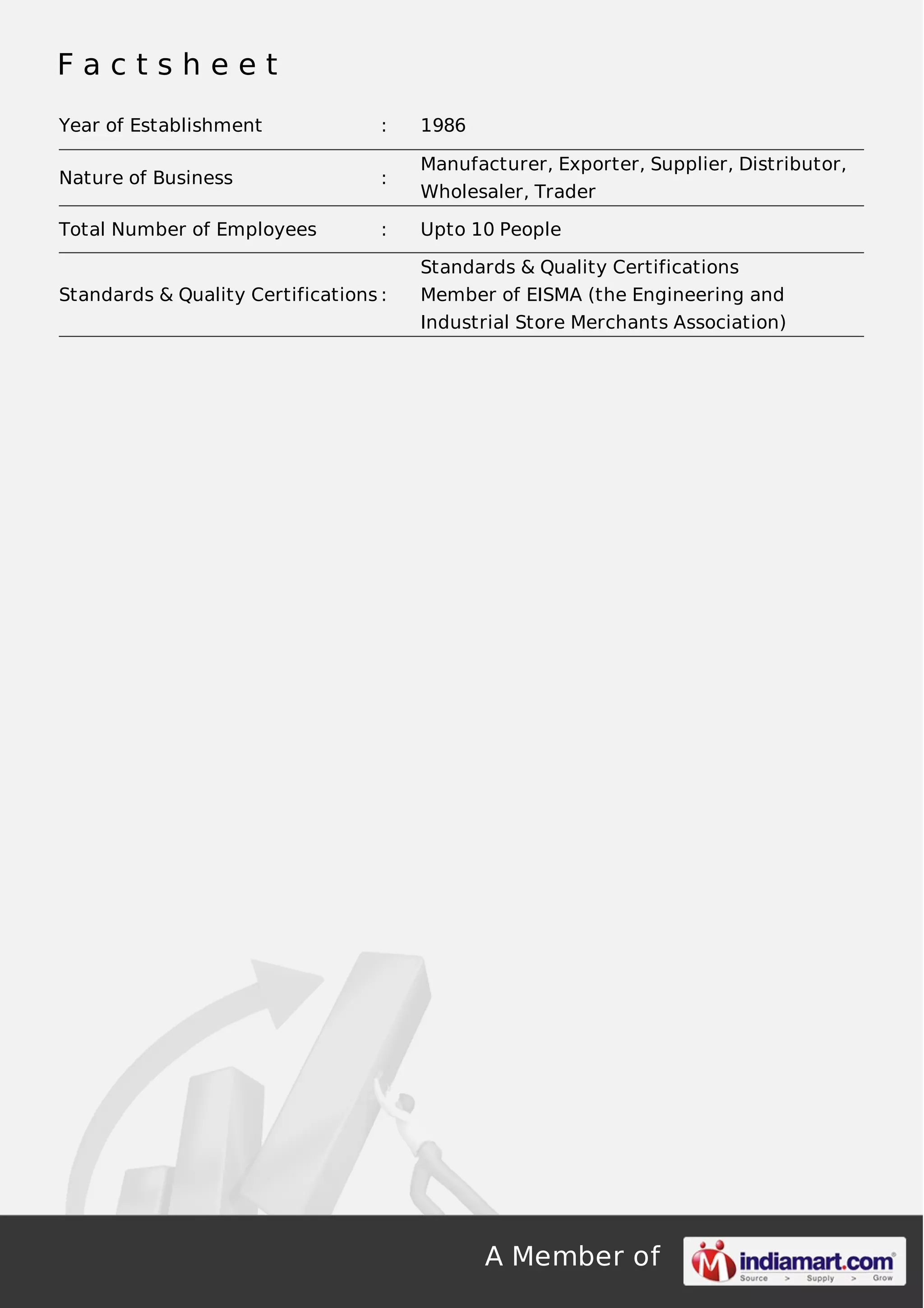 A Member of
F a c t s h e e t
Year of Establishment : 1986
Nature of Business :
Manufacturer, Exporter, Supplier, Distributor,
Wholesaler, Trader
Total Number of Employees : Upto 10 People
Standards & Quality Certifications :
Standards & Quality Certifications
Member of EISMA (the Engineering and
Industrial Store Merchants Association)
 