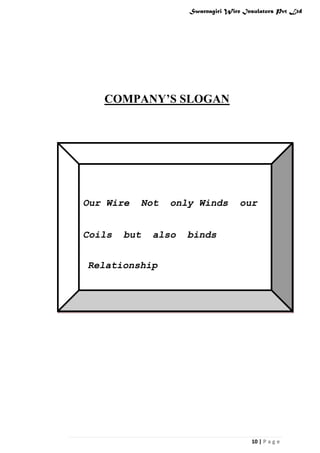 Swarnagiri Wire Insulators Pvt Ltd

COMPANY’S SLOGAN

Our Wire
Coils

Not

but

only Winds

also

our

binds

Relationship

With

you….

10 | P a g e

 