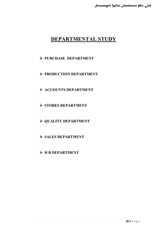Swarnagiri Wire Insulators Pvt Ltd

DEPARTMENTAL STUDY

 PURCHASE DEPARTMENT

 PRODUCTION DEPARTMENT

 ACCOUNTS DEPARTMENT

 STORES DEPARTMENT

 QUALITY DEPARTMENT

 SALES DEPARTMENT

 H R DEPARTMENT

20 | P a g e

 