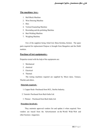 Swarnagiri Wire Insulators Pvt Ltd

The machines Are:1. Bull Block Machine
2. Wire Drawing Machine
3. Dies
4. Vertical Enameling Machine
5. Rewinding and die polishing Machine
6. Butt Welding Machine
7. Weighing Machine

Few of the suppliers being Alind Ltd, Shree Krishna, Krintor. The spare
parts required for replacement Purpose is brought from Bangalore and the Hubli
markets.

Purchase of test equipments:Properties tested with the help of the equipments are:
1. Mechanical
2. chemical
3. Electrical
4. Thermal.
The testing machines required are supplied by Micro dyne, Temaco,
Therlek and others.
Materials required:1. Copper Rods- Purchased from HCL, Sterlite Industry.
2. Varnish- Purchased from Bech India Ltd.
3. Thinner – Purchased from Bech India Ltd.
Procedure Involved:They maintain approved vendors list and update it when required. New
vendors are traced from the Advertisement on the World Wide Web and
other business magazines.

22 | P a g e

 
