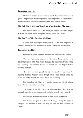 Swarnagiri Wire Insulators Pvt Ltd

Production process:“Production process involves conversion of Raw materials to finished
goods” The production process begins with store and purchase of raw materials.
The raw materials basically required are copper rode, varnish, thinner.

The Bull Blocks Machine/ Wet Type Wire Drawings Machine:Here the wire reduce to 4.95 mm which goes all most 20% of the original
8.25 mm. The wire is passed through the winding wheels at six levels.

The Dry Type Wire Winding Machine:It further helps reducing the width down to 3.25 mm after the process is
complete the wire gets fine. This fine wire is then further sent for insulation.

Enameling Machine:Enameling process is where the Wires are sent for insulation of varnish.
There are 3 enameling machines in

the plant. These Machines have

different capacities. The Wire passed through the metal tunnel / tank where
the

steaming and aeration process is carried on. This helps in further

softening the Wires.
The Wire is then passed through the distilled water tank for
cleaning. Next the Wires are passed through vertical metal tunnel where the
Wires are further cooled and passed down for Enameling.
The Enameling of Wires is by passing through the die of suitable
Sizes. The dies are used for enameling.
The Wires with Varnish, This is a continuous process. The dies are
changed, according to the thickness of insulation as and when required.
The Insulated Wires are then passed on for Winding on Bobbins.
The Bobbins are packed in Suitable Packing, keeping the mode of
transport

of transport in view and they are sent for the Execution of

Orders.

28 | P a g e

 
