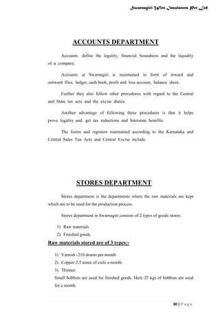 Swarnagiri Wire Insulators Pvt Ltd

ACCOUNTS DEPARTMENT
Accounts define the legality, financial Soundness and the liquidity
of a company.
Accounts at Swarnagiri is maintained in form of inward and
outward files, ledger, cash book, profit and loss account, balance sheet.
Further they also follow other procedures with regard to the Central
and State tax acts and the excise duties.
Another advantage of following these procedures is that it helps
prove legality and get tax reductions and Interstate benefits.
The forms and registers maintained according to the Karnataka and
Central Sales Tax Acts and Central Excise include.

STORES DEPARTMENT
Stores department is the departments where the raw materials are kept
which are to be used for the production process.
Stores department in Swarnagiri consists of 2 types of goods stores.
1) Raw materials
2) Finished goods

Raw materials stored are of 3 types:1) Varnish -210 drums per month
2) Copper-2.5 tones of coils a month.
3) Thinner.
Small bobbins are used for finished goods. Here 25 kgs of bobbins are used
for a month.

30 | P a g e

 
