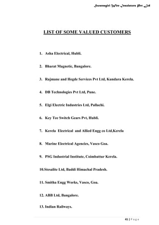 Swarnagiri Wire Insulators Pvt Ltd

LIST OF SOME VALUED CUSTOMERS

1. Asha Electrical, Hubli.

2. Bharat Magnetic, Bangalore.

3. Rajmane and Hegde Services Pvt Ltd, Kundara Kerela.

4. DB Technologies Pvt Ltd, Pune.

5. Elgi Electric Industries Ltd, Pallachi.

6. Key Tee Switch Gears Pvt, Hubli.

7. Kerela Electrical and Allied Engg co Ltd,Kerela

8. Marine Electrical Agencies, Vasco Goa.

9. PSG Industrial Institute, Coimbattur Kerela.

10.Stesalite Ltd, Baddi Himachal Pradesh.

11. Smitha Engg Works, Vasco, Goa.

12. ABB Ltd, Bangalore.
13. Indian Railways.
41 | P a g e

 
