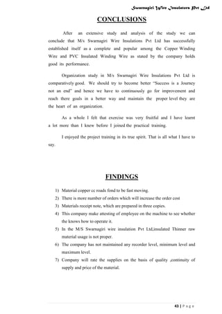 Swarnagiri Wire Insulators Pvt Ltd

CONCLUSIONS
After

an extensive study and analysis of the study we can

conclude that M/s Swarnagiri Wire Insulations Pvt Ltd has successfully
established itself as a complete and popular among the Copper Winding
Wire and PVC Insulated Winding Wire as stated by the company holds
good its performance.
Organization study in M/s Swarnagiri Wire Insulations Pvt Ltd is
comparatively good. We should try to become better “Success is a Journey
not an end” and hence we have to continuously go for improvement and
reach there goals in a better way and maintain the proper level they are
the heart of an organization.
As a whole I felt that exercise was very fruitful and I have learnt
a lot more than I knew before I joined the practical training.
I enjoyed the project training in its true spirit. That is all what I have to
say.

FINDINGS
1) Material copper cc roads fond to be fast moving.
2) There is more number of orders which will increase the order cost
3) Materials receipt note, which are prepared in three copies.
4) This company make attesting of employee on the machine to see whether
the knows how to operate it.
5) In the M/S Swarnagiri wire insulation Pvt Ltd,insulated Thinner raw
material usage is not proper.
6) The company has not maintained any recorder level, minimum level and
maximum level.
7) Company will rate the supplies on the basis of quality ,continuity of
supply and price of the material.

43 | P a g e

 