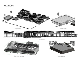 MODELLING
TENNIS COURT
UTILITY BUILDINGSTEEL STRUCTURE VIEW
OVERALL VIEW
SECTION VIEW
 