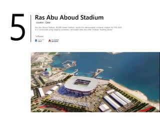 Ras Abu Aboud Stadium
Location : Qatar
Ras Abu Aboud Stadium: 40,000-Seaten Stadium, worlds first demountable container stadium for FIFA 2022.
It is Constructed using shipping containers, removable seats and other modular "building blocks“.
Software
5
 