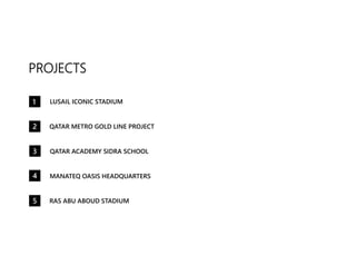 LUSAIL ICONIC STADIUM
MANATEQ OASIS HEADQUARTERS
QATAR ACADEMY SIDRA SCHOOL
QATAR METRO GOLD LINE PROJECT
RAS ABU ABOUD STADIUM
PROJECTS
1
2
3
4
5
 