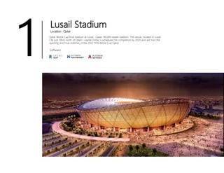 Lusail Stadium
Location : Qatar
Qatar World Cup final stadium at Lusail : Qatar, 80,000-seater stadium. The venue, located in Lusail
City just 20km north of Qatar’s capital Doha, is scheduled for completion by 2020 and will host the
opening and Final matches of the 2022 FIFA World Cup Qatar
Software
1
 
