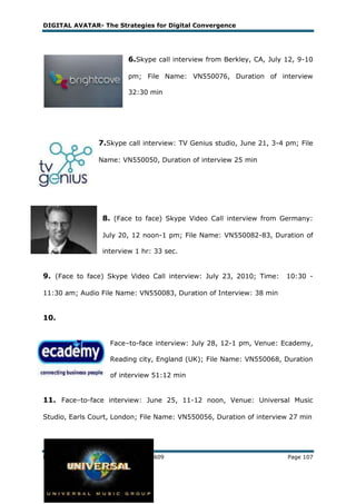 DIGITAL AVATAR- The Strategies for Digital Convergence




                            6.Skype call interview from Berkley, CA, July 12, 9-10

                            pm; File Name: VN550076, Duration of interview

                            32:30 min




                  7.Skype call interview: TV Genius studio, June 21, 3-4 pm; File

                  Name: VN550050, Duration of interview 25 min




                    8. (Face to face) Skype Video Call interview from Germany:

                    July 20, 12 noon-1 pm; File Name: VN550082-83, Duration of

                    interview 1 hr: 33 sec.


9. (Face to face) Skype Video Call interview: July 23, 2010; Time:        10:30 -

11:30 am; Audio File Name: VN550083, Duration of Interview: 38 min


10.


                      Face–to-face interview: July 28, 12-1 pm, Venue: Ecademy,

                      Reading city, England (UK); File Name: VN550068, Duration

                      of interview 51:12 min


11. Face–to-face interview: June 25, 11-12 noon, Venue: Universal Music

Studio, Earls Court, London; File Name: VN550056, Duration of interview 27 min




MBA Dissertation by Student no. 099018609                                 Page 107
 