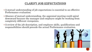 A mutual understanding of job expectations is essential to an effective
Performance evaluation.
 Absence of mutual understanding, the appraisal meeting could spiral
downward because the manager and employee might be working from
completely different viewpoints.
 A review of the job description, and employee skills, qualifications and
responsibilities should precede the actual Performance evaluation.
 