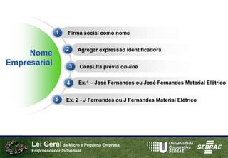 1     Firma social como nome


                      2    Agregar expressão identificadora
     Nome
Empresarial            3    Consulta prévia on-line


                      4    Ex.1 - José Fernandes ou José Fernandes Material Elétrico


                 5    Ex. 2 - J Fernandes ou J Fernandes Material Elétrico




      Lei Geral da Micro e Pequena Empresa
      Empreendedor Individual
 