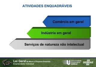 ATIVIDADES ENQUADRÁVEIS



                                       Comércio em geral


                           Indústria em geral


            Serviços de natureza não intelectual



Lei Geral da Micro e Pequena Empresa
Empreendedor Individual
 