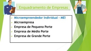 Enquadramento de Empresas
 Microempreendedor Individual - MEI
 Microempresa
 Empresa de Pequeno Porte
 Empresa de Médio Porte
 Empresa de Grande Porte
 