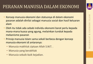 PERANAN MANUSIA DALAM EKONOMIKonsepmanusiaekonomidanstatusnya di dalamekonomipasaranadalahdinilaisebagaimanusiasosialdanhasilkeluaranalamOlehitutidakadasebabindividuekonomibaratperlukepadamana-manakuasa yang agung, melainkantundukkepadamekanismepasaranPrinsipmanusia Islam samasekaliberbezadengankonsepmanusiaekonomi di antaranya:Manusiamakhlukciptaan Allah S.W.T. .Manusiayang berakhlakManusiasebaik-baikkejadian.